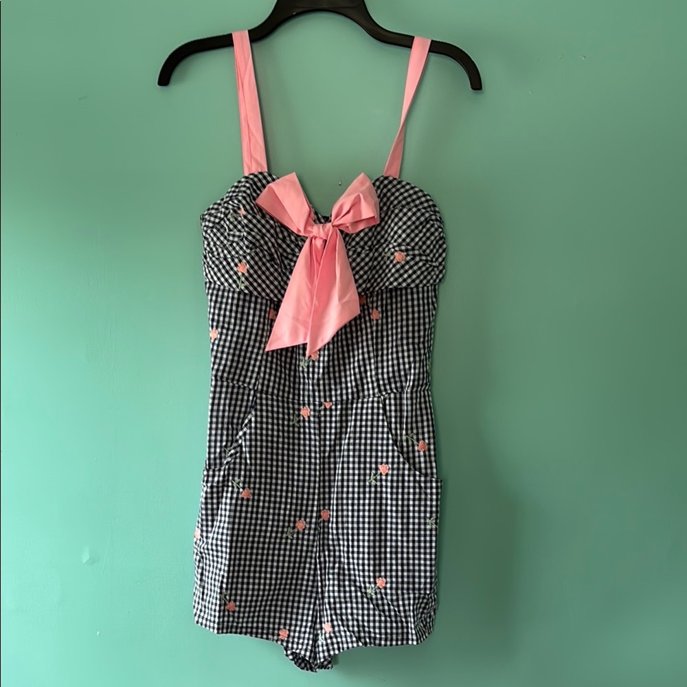 Navy and White Gingham Romper with Pink Accents